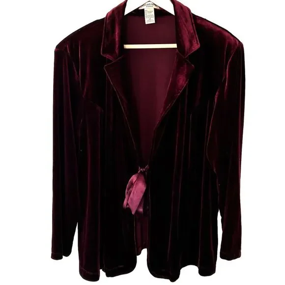 Women's Velvet Tie Front Topper Jacket Size 2x Cranberry Red Notations Holiday - Picture 2 of 8